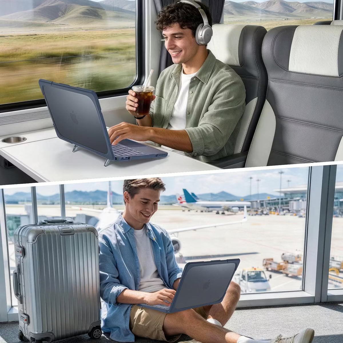 A split-screen lifestyle image showing a man using a dark slate blue macbook in two travel scenarios: sitting on a train with a drink and headphones, and sitting on the floor at an airport with a suitcase nearby. The laptop has a subtle silver Apple logo on the back.