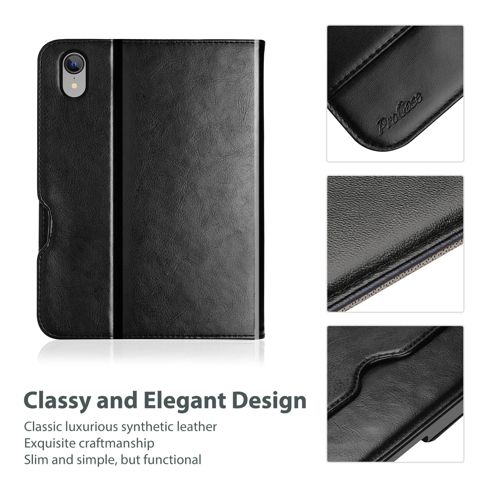 Black leather iPad case with 'ProCase' branding, shown from multiple angles on a white background.