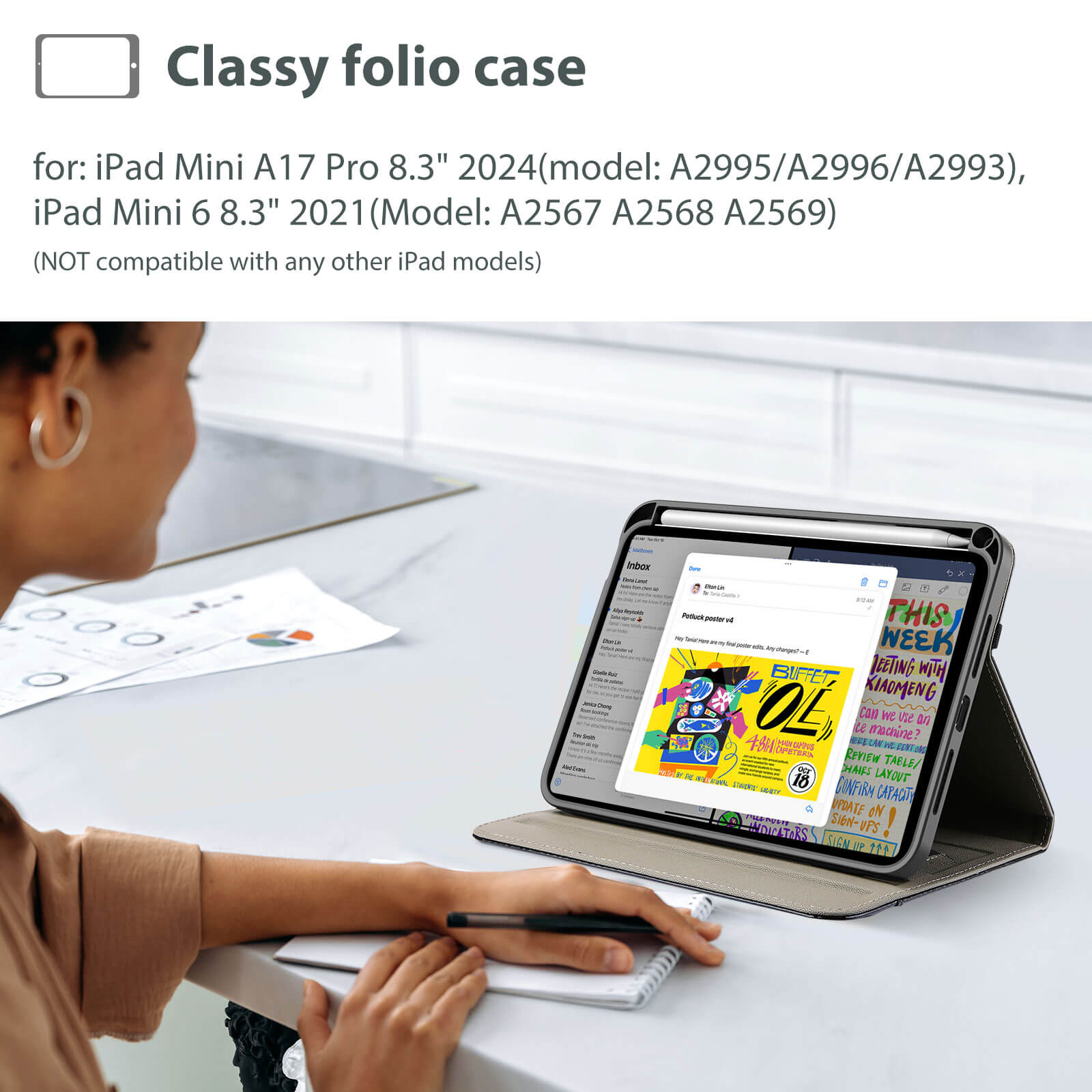 Premium PU Leather Folio Business Case for for iPad mini 7th (A17 Pro) 2024/iPad Mini 6th Generation 2021 8.3 Inch