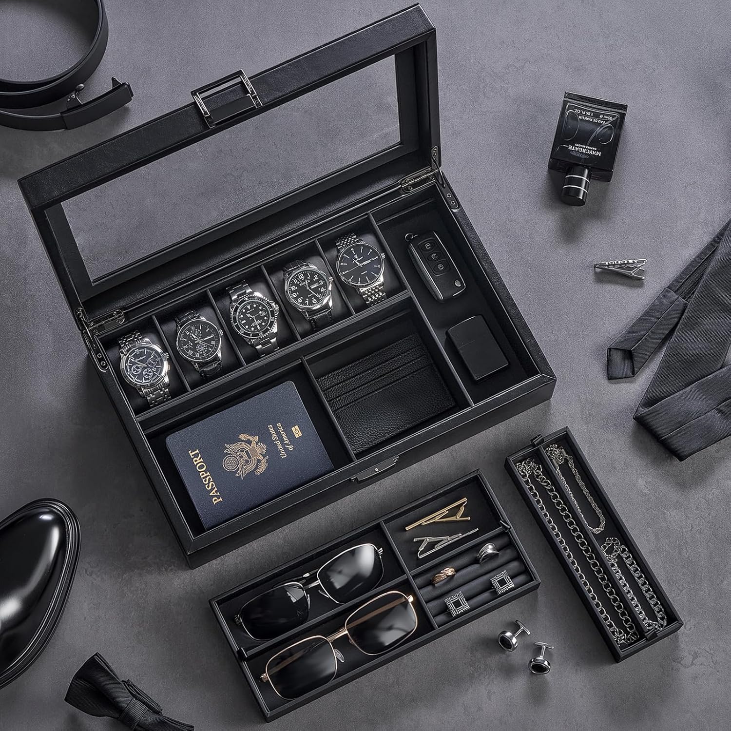 Men's Jewelry Box, Jewellry Storage Holder Organizer Case for Watch Sunglasses Rings Cufflinks Accessories, Gift for Male Father Boyfriend