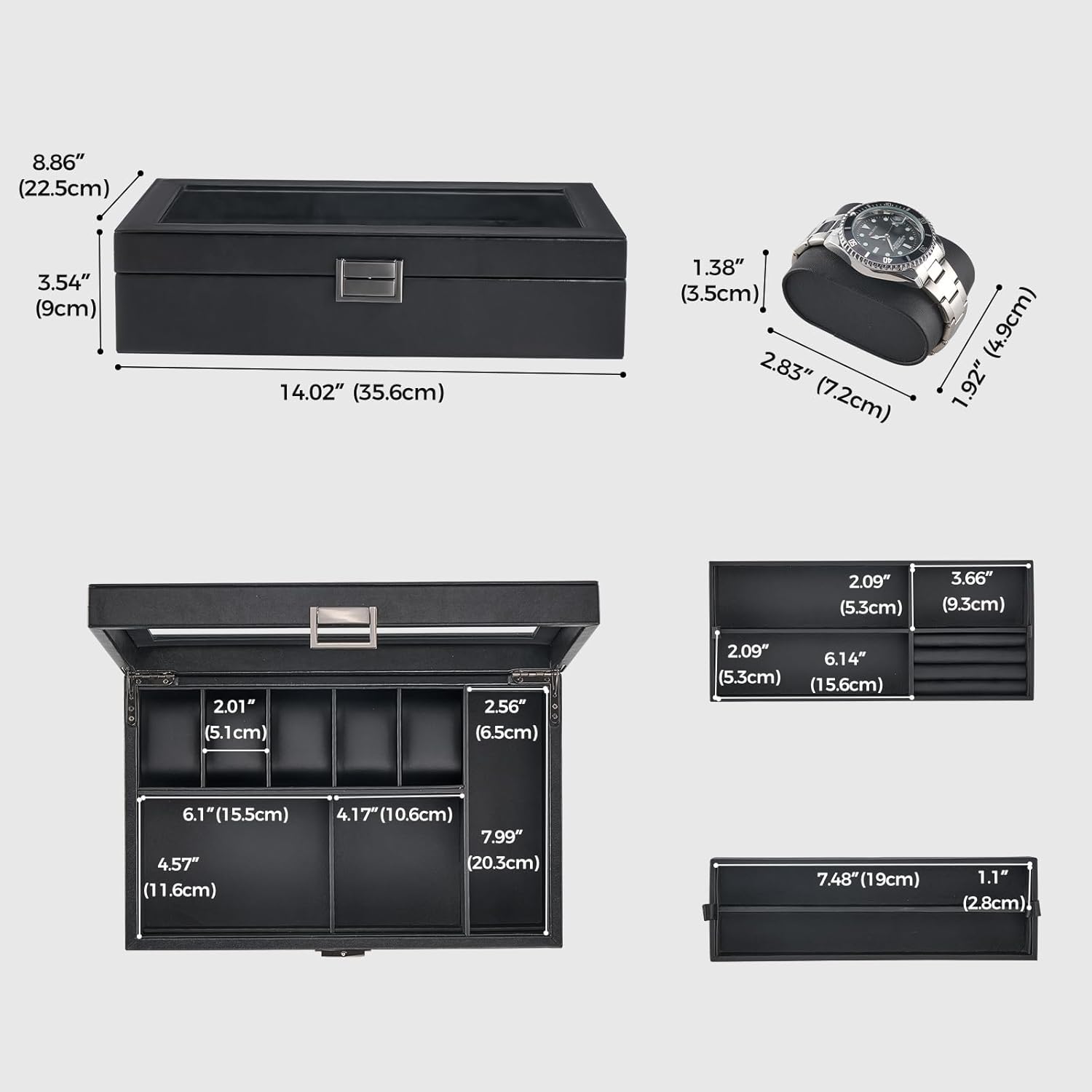 Men's Jewelry Box, Jewellry Storage Holder Organizer Case for Watch Sunglasses Rings Cufflinks Accessories, Gift for Male Father Boyfriend, Black