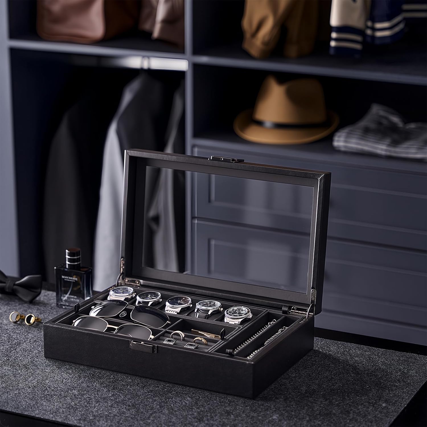 Men's Jewelry Box, Jewellry Storage Holder Organizer Case for Watch Sunglasses Rings Cufflinks Accessories, Gift for Male Father Boyfriend, black