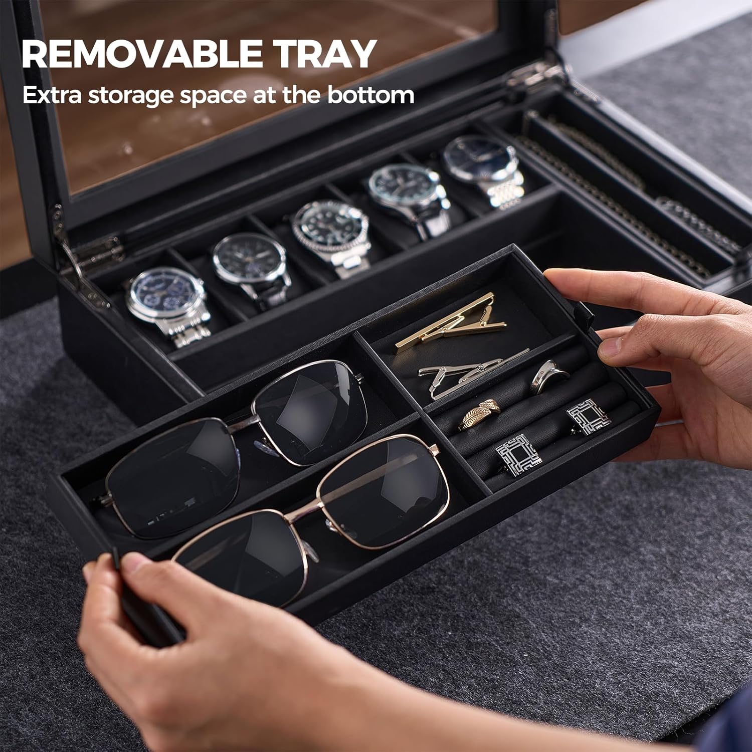 Men's Jewelry Box, Jewellry Storage Holder Organizer Case for Watch Sunglasses Rings Cufflinks Accessories, Gift for Male Father Boyfriend