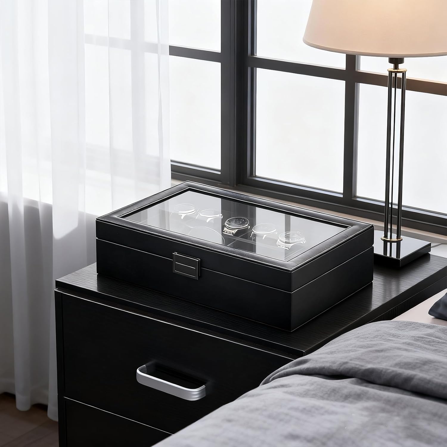 Men's Jewelry Box, Jewellry Storage Holder Organizer Case for Watch Sunglasses Rings Cufflinks Accessories, Gift for Male Father Boyfriend, black