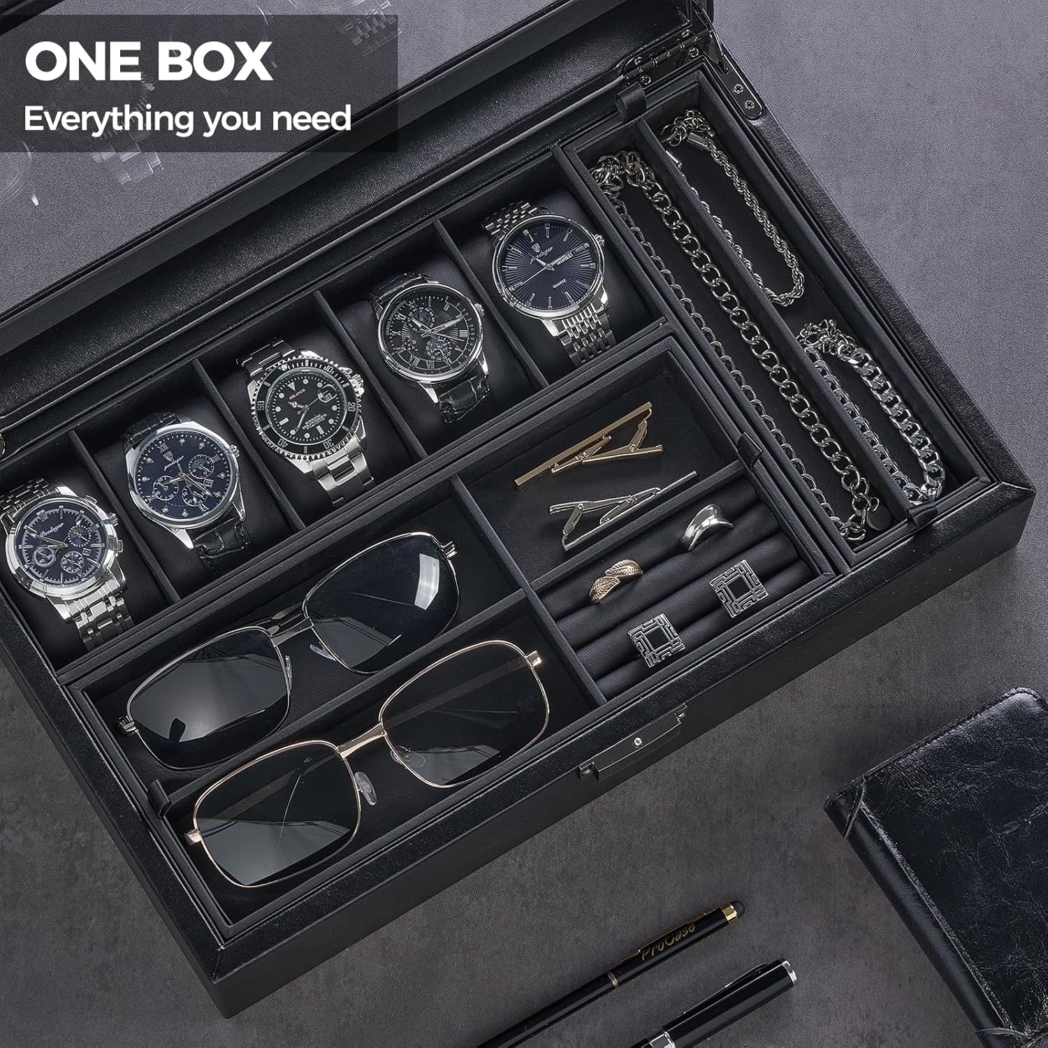 Men's Jewelry Box, Jewellry Storage Holder Organizer Case for Watch Sunglasses Rings Cufflinks Accessories, Gift for Male Father Boyfriend