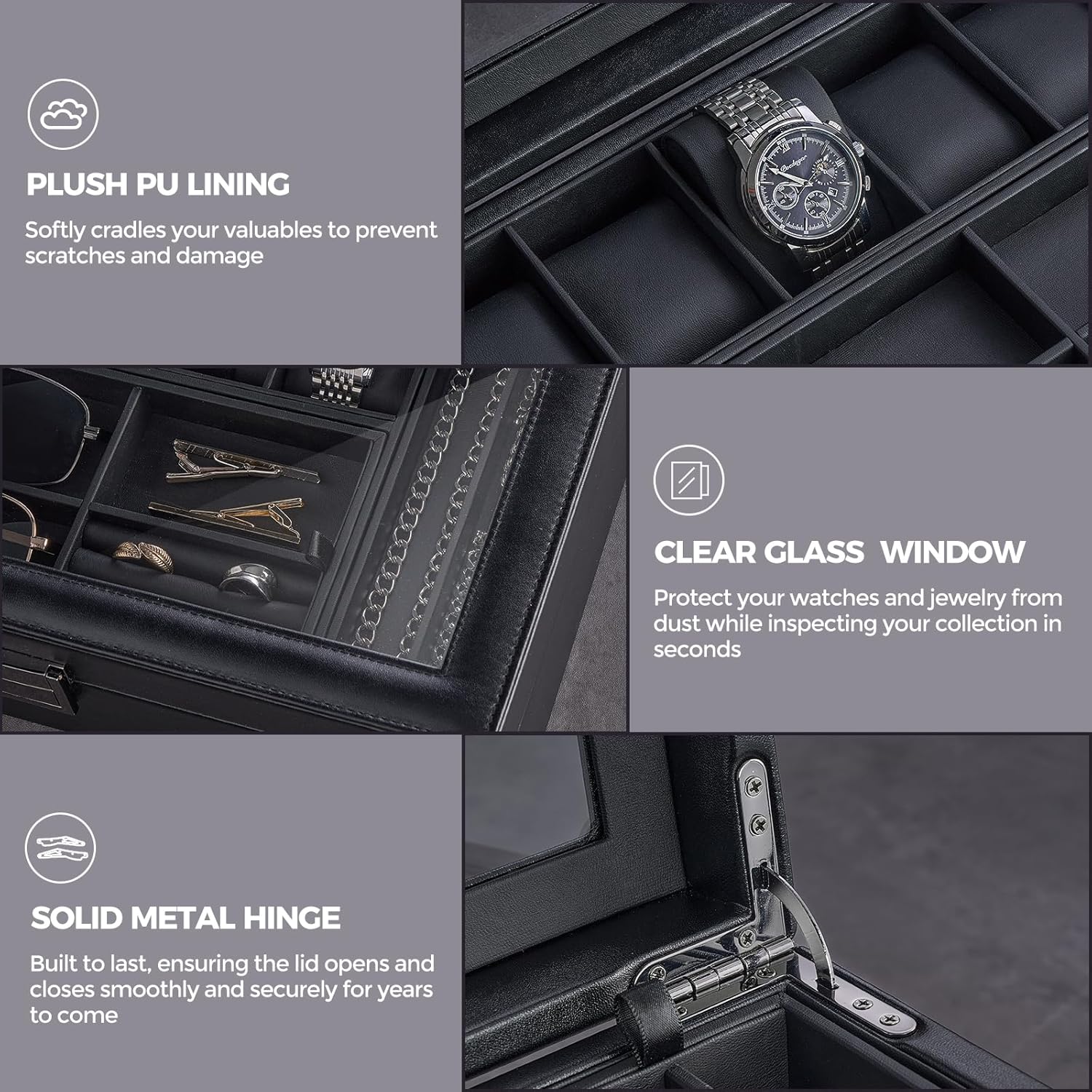 Men's Jewelry Box, Jewellry Storage Holder Organizer Case for Watch Sunglasses Rings Cufflinks Accessories, Gift for Male Father Boyfriend