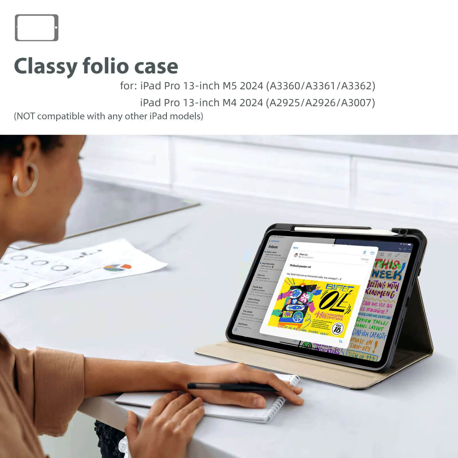  Leather Case for iPad Pro 13 Inch 2025 (M5) / 2024 (M4) with Pencil Holder, PU Leather Business Stand Cover Multi-Angle Viewing Smart Folio with Hand Strap Front Pocket for iPad Pro 13"