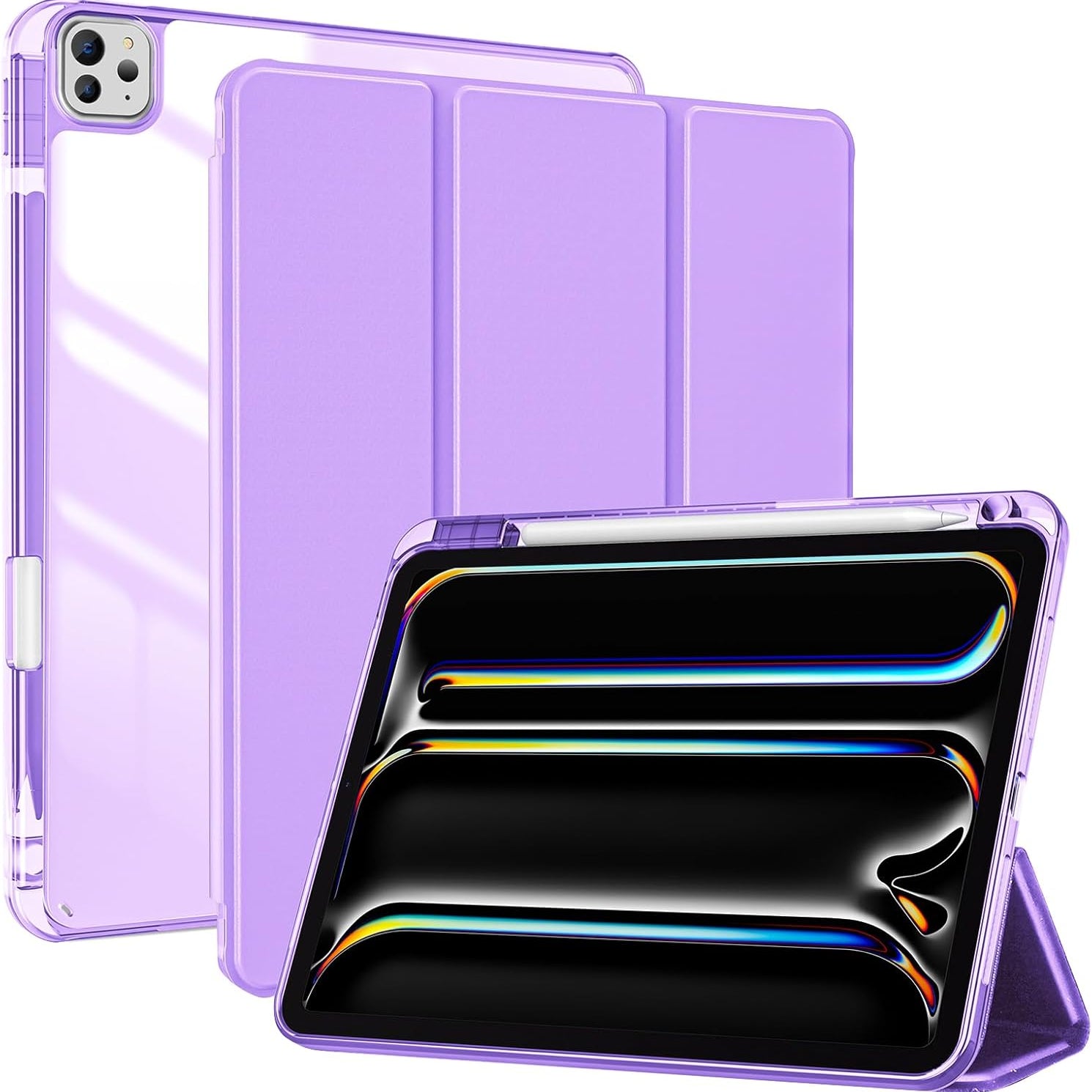 iPad Pro 13 Inch Case M5 2025/ M4 2024 with Pencil Holder, Slim Stand Clear Shell Back, Shockproof Cover iPad Pro M5 M4 Case 13 Inch, Supports Touch ID, Auto Wake/Sleep, purple