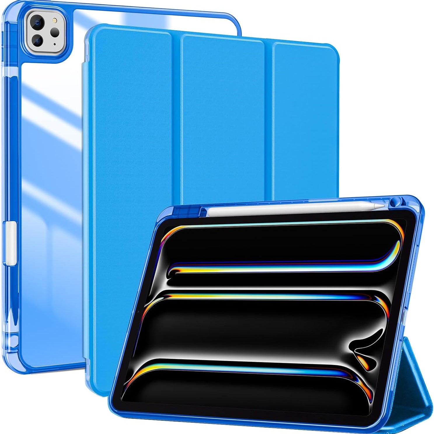 iPad Pro 13 Inch Case M5 2025/ M4 2024 with Pencil Holder, Slim Stand Clear Shell Back, Shockproof Cover iPad Pro M5 M4 Case 13 Inch, Supports Touch ID, Auto Wake/Sleep, blue