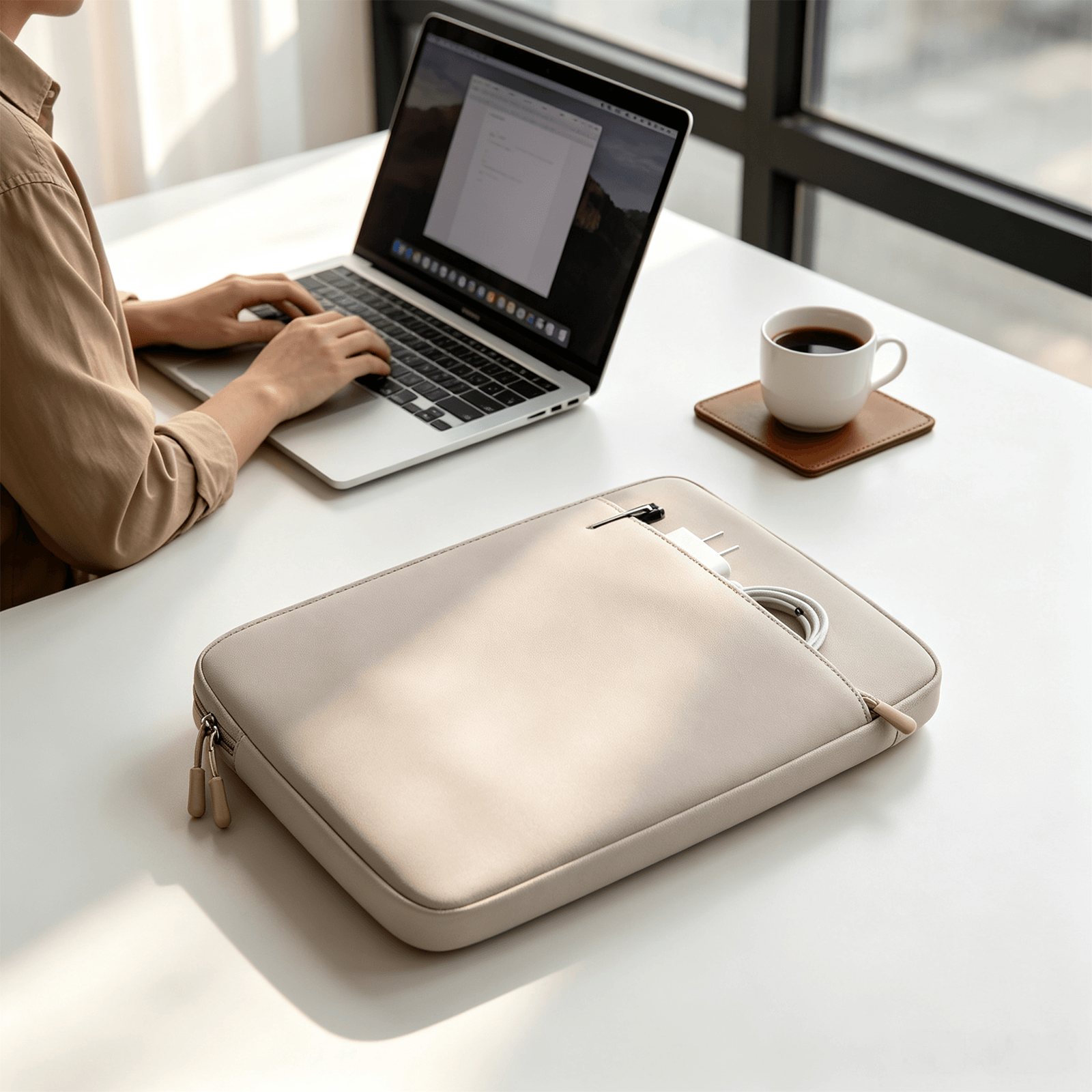 A beige laptop sleeve with a zippered front pocket sits on a white desk next to a person using a laptop and a cup of coffee.