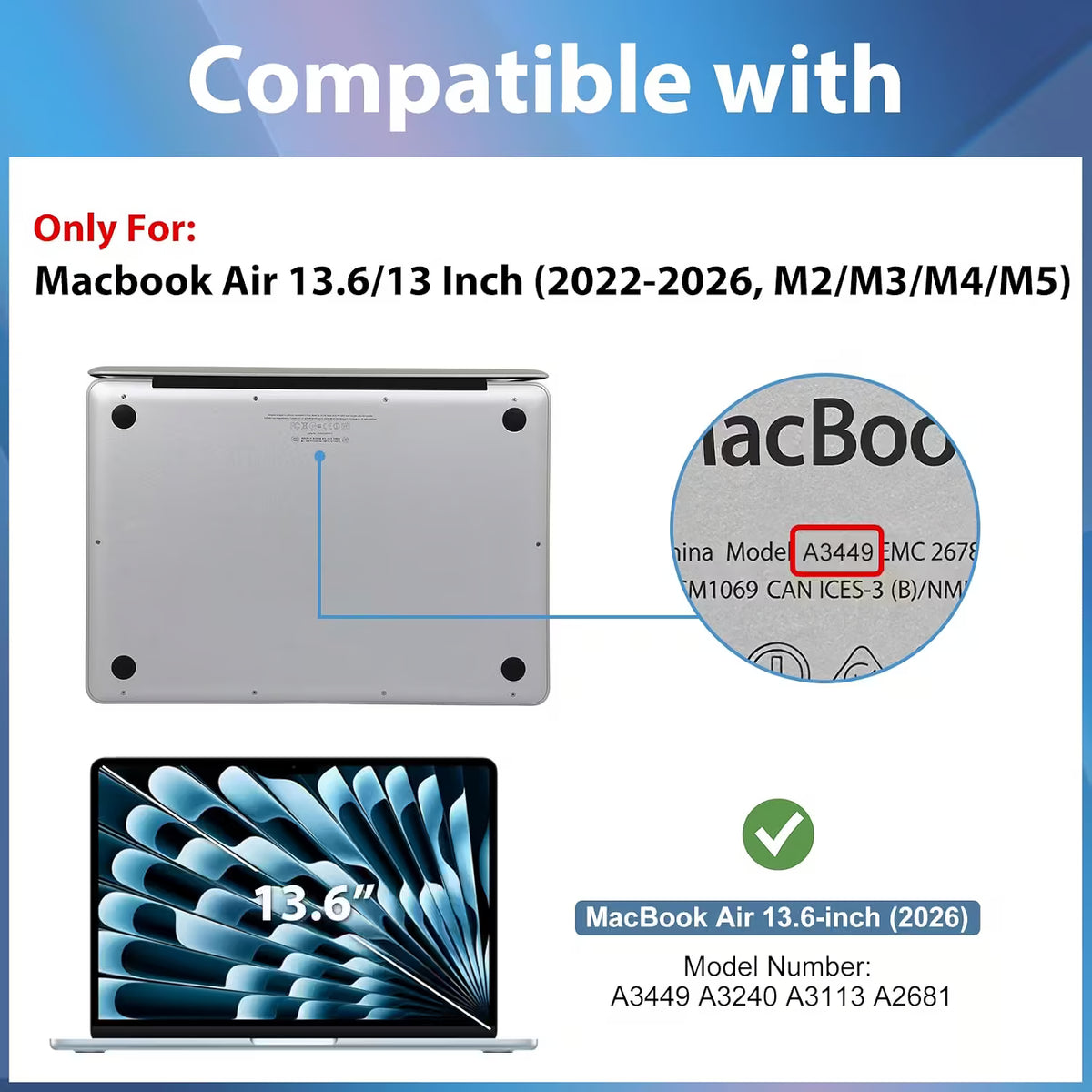 Compatibility graphic for a MacBook Air 13.6-inch laptop battery or internal component, showing the underside of a silver laptop, a laptop screen view, and a circular inset highlighting a MacBook sticker with model number A3449.