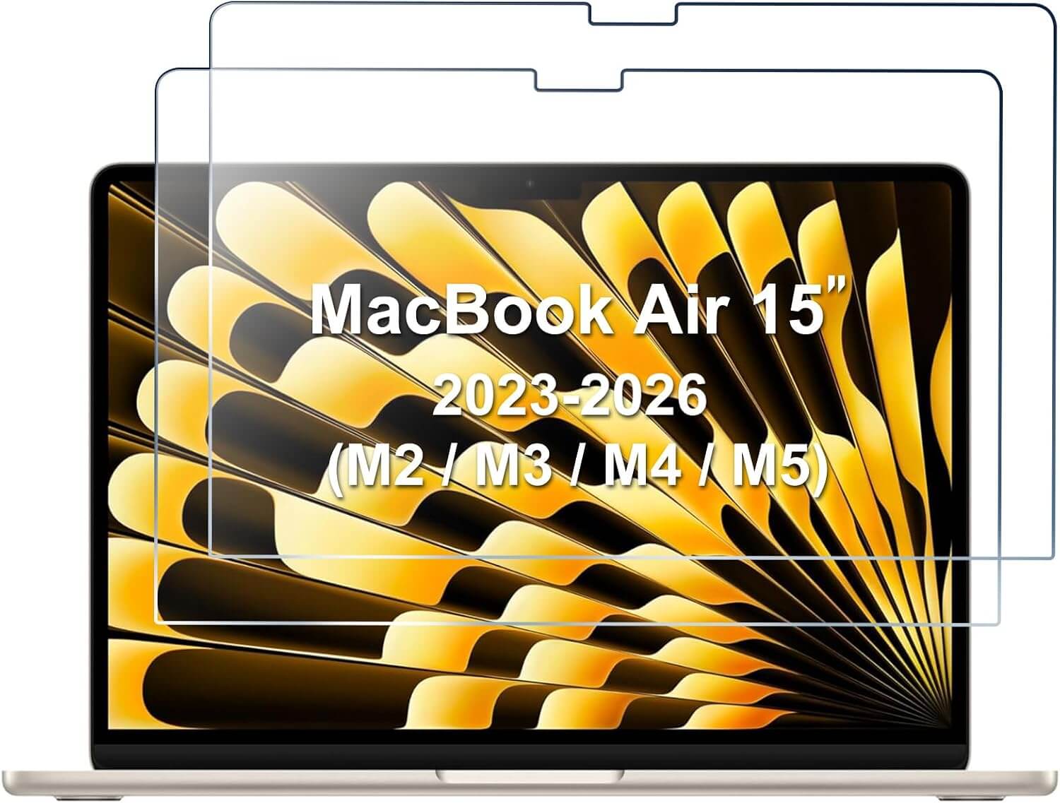 Two clear screen protectors shown over a MacBook Air 15" display, with text reading 'MacBook Air 15" 2023-2026 (M2 / M3 / M4 / M5)'.