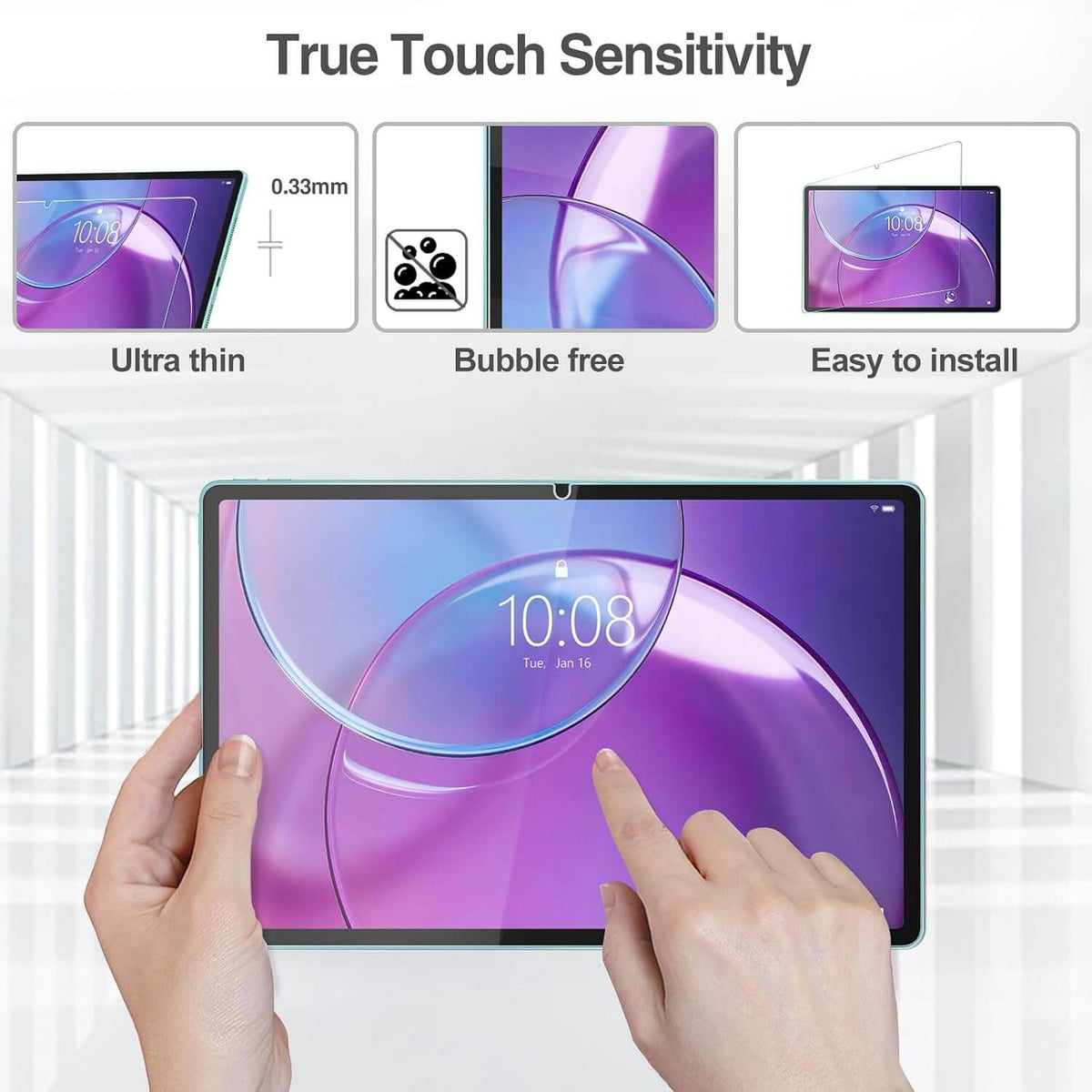 Tempered Glass Screen Protectors for Lenovo 13" Idea Tab Pro Gen 2 (2026) / Moto Pad 70 Pro.Above the tablet, three feature callouts read 'True Touch Sensitivity' with labels 'Ultra thin', 'Bubble free', and 'Easy to install'.