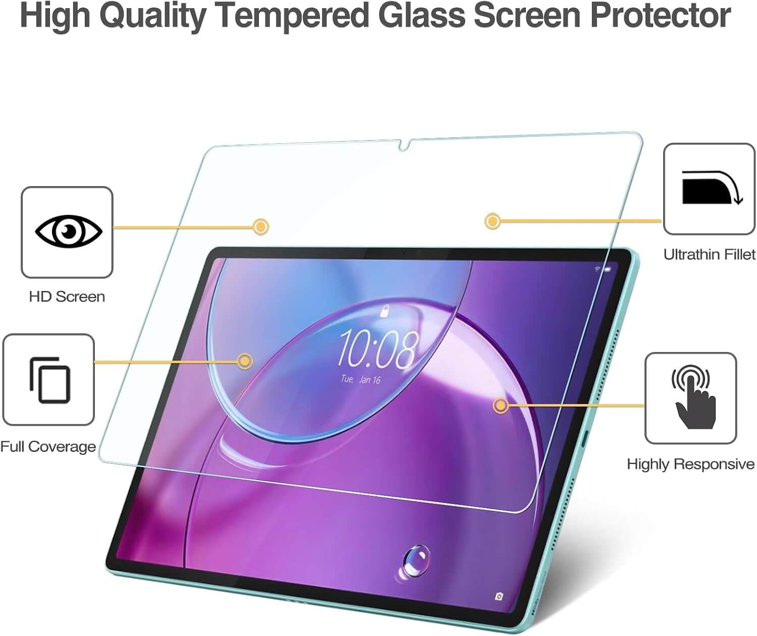Tempered Glass Screen Protectors for Lenovo 13" Idea Tab Pro Gen 2 (2026) / Moto Pad 70 Pro shown over a tablet on a white background, with callout icons and text highlighting features such as HD screen, full coverage, ultrathin fillet, and highly responsive touch.