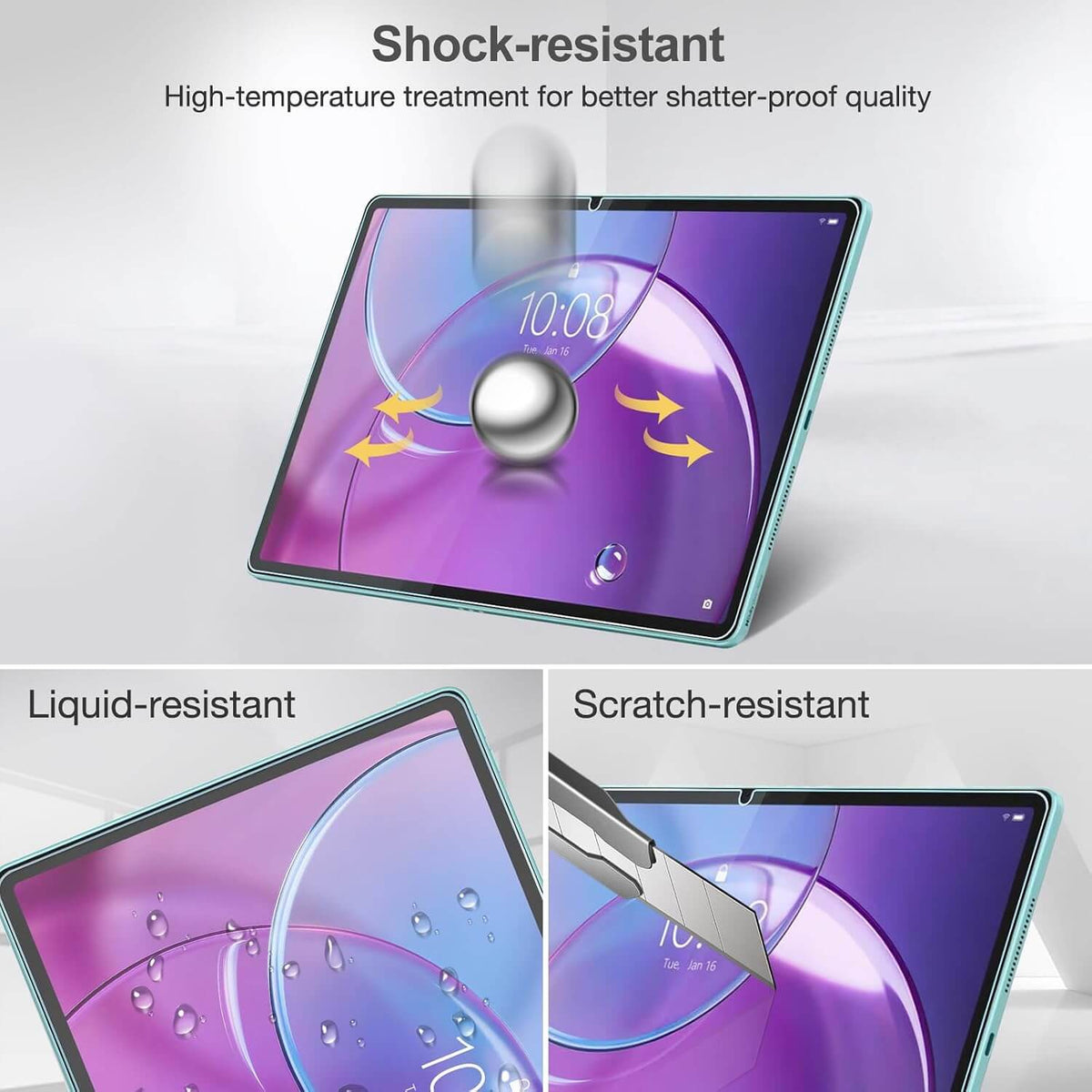 Tempered Glass Screen Protectors for Lenovo 13" Idea Tab Pro Gen 2 (2026) / Moto Pad 70 Pro showing three feature callouts: 'Shock-resistant' with a glass sphere impact test, 'Liquid-resistant' with water droplets on the screen, and 'Scratch-resistant' with a metal scratching tool. The top tablet shows the protector applied, with a translucent glass overlay and yellow impact arrows.