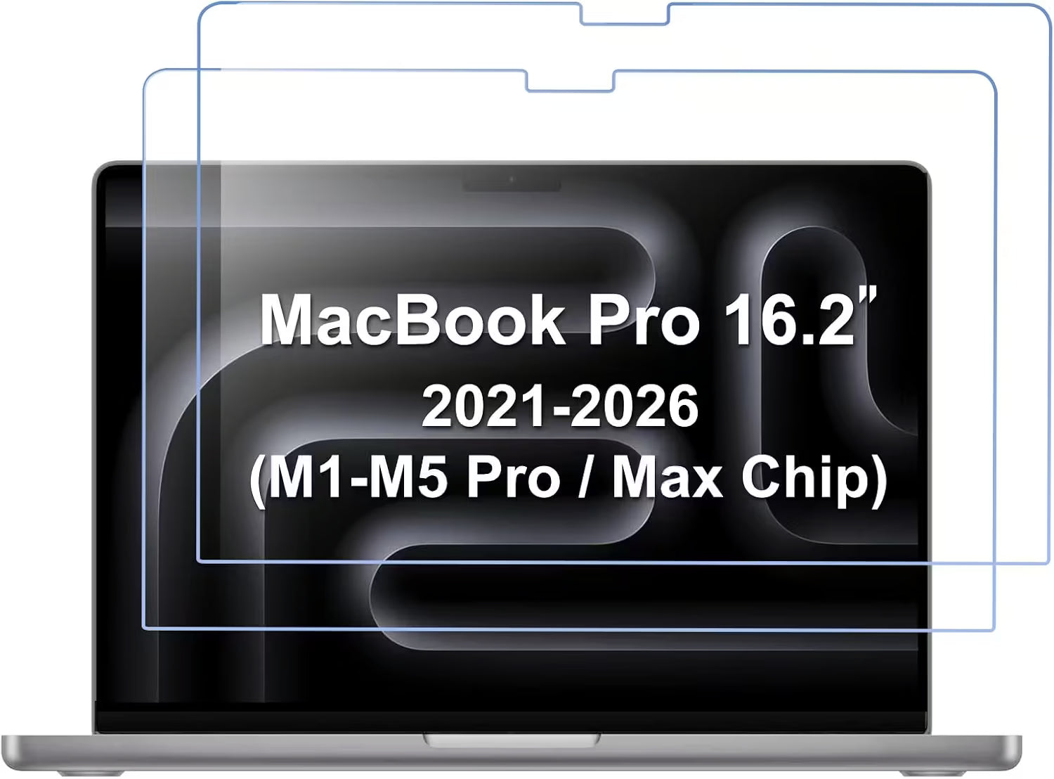 A silver laptop shown open against a white background, with a transparent screen protector overlay and centered text reading 'MacBook Pro 16.2" 2021-2026 (M1-M5 Pro / Max Chip)'.
