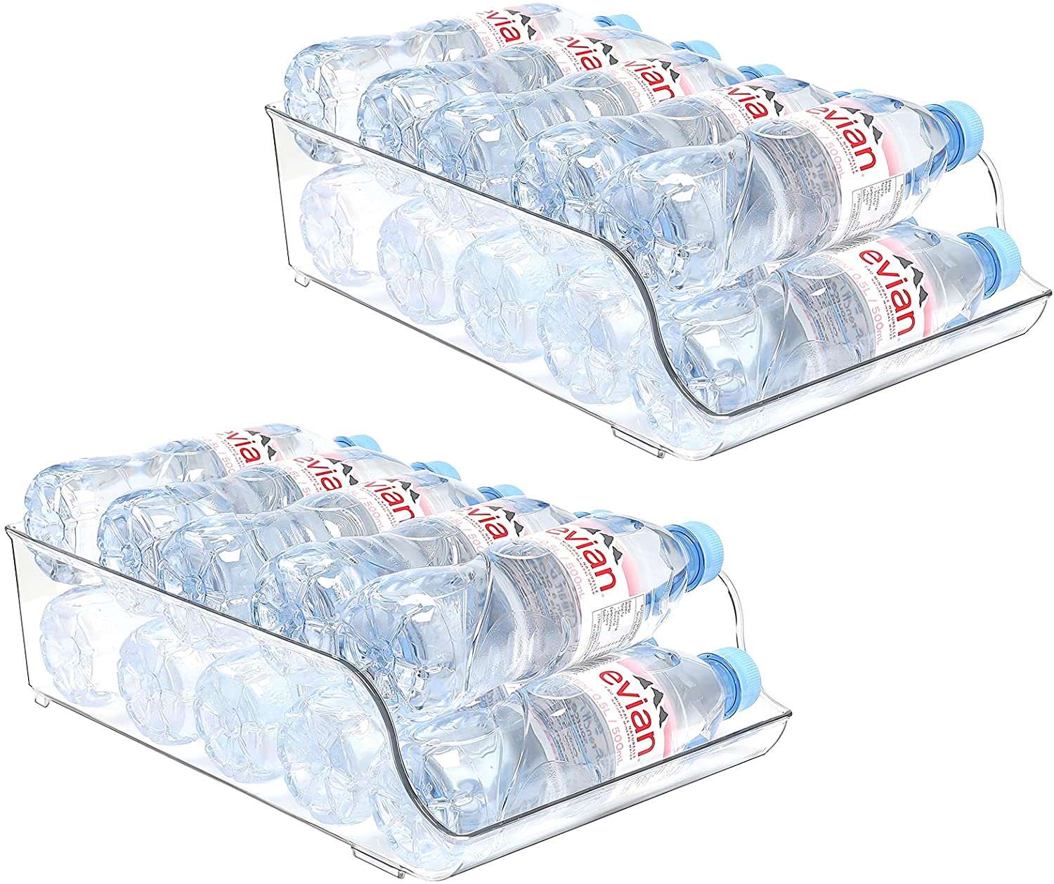 Puricon 2 Pack Water Bottle Dispenser Organizer for Refrigerator, Clear Plastic 16.9oz Water Bottle Container Storage Bin for Fridge Freezer Pantry