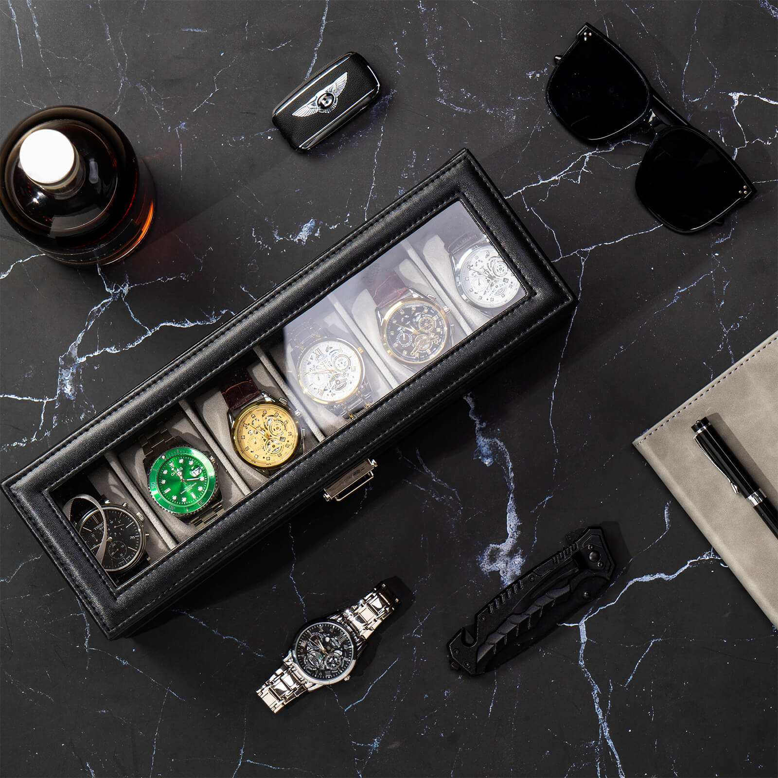 2-Layer Mens Jewelry Organizer Storage Holder, Birthday Valentine Gifts for Men, Black