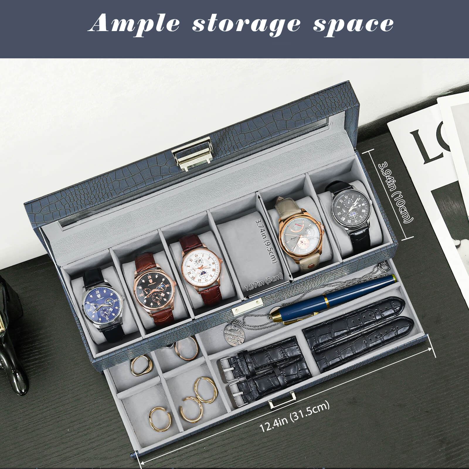 Watch and jewelry storage box with multiple compartments on a table.