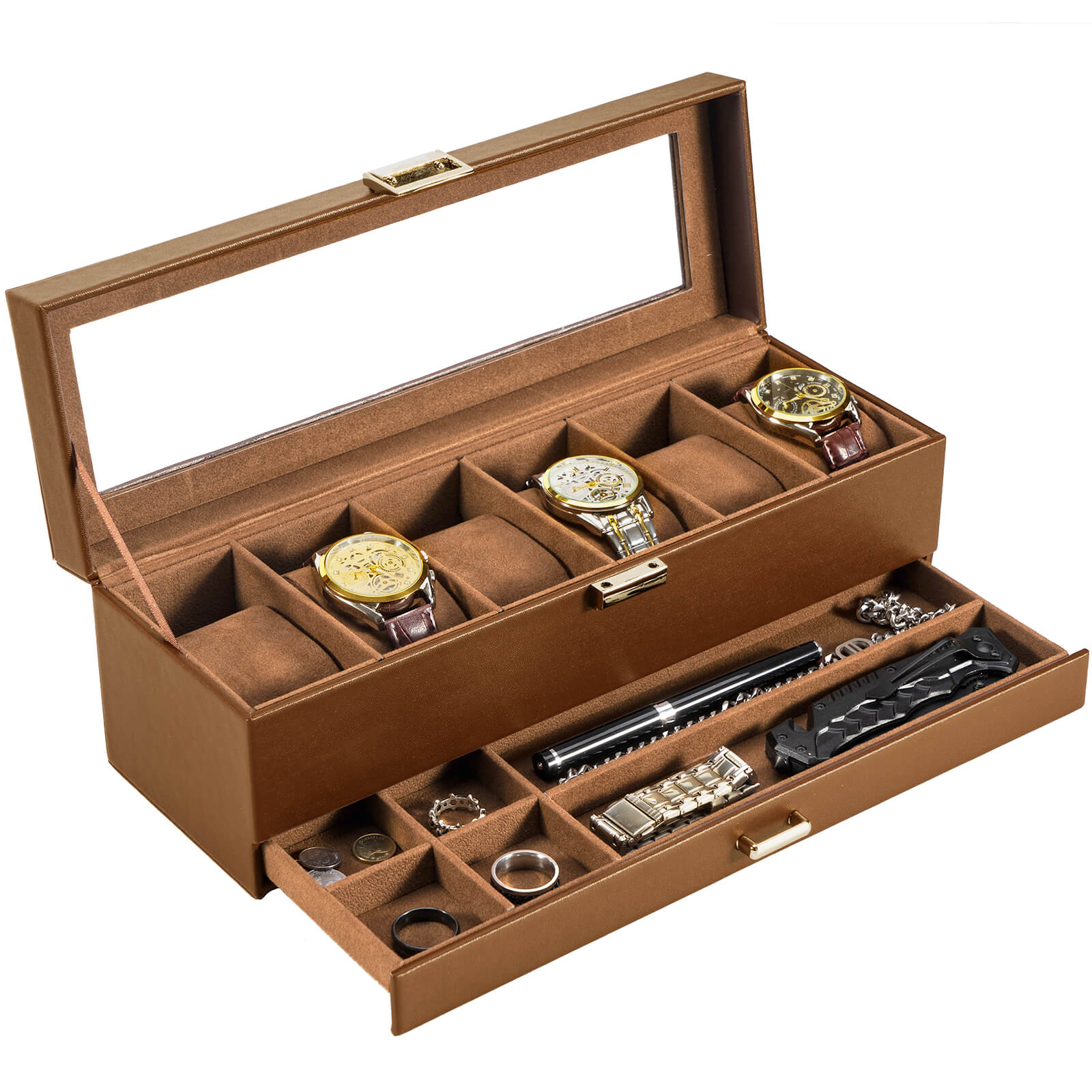 6 Slot Watches Display Case with Drawer, Mens Watch Case with Glass Lid Brown