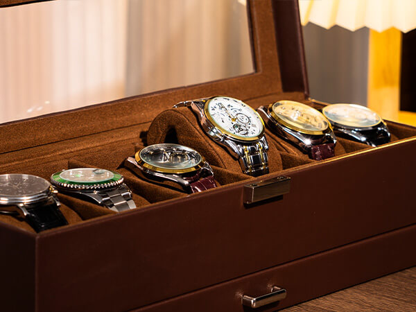 6 Slot Watches Display Case with Drawer, Mens Watch Case with Glass Lid
