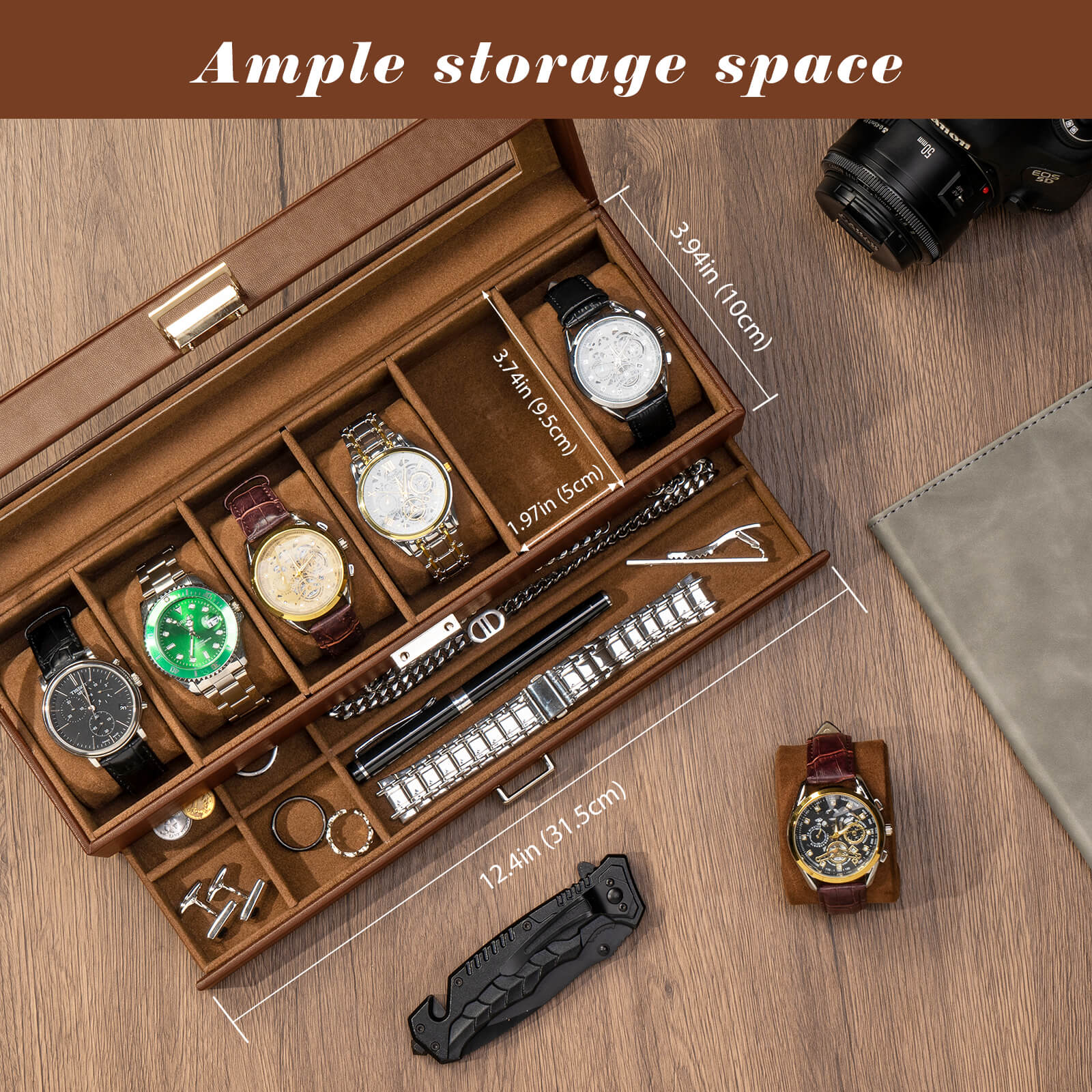 2 Layer 6 Slot Watch Box Mens Jewelry Organizer Storage Holder