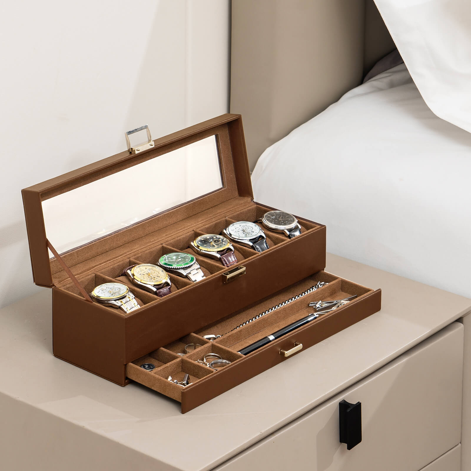 6 Slot Watches Display Case with Drawer, Mens Watch Case with Glass Lid
