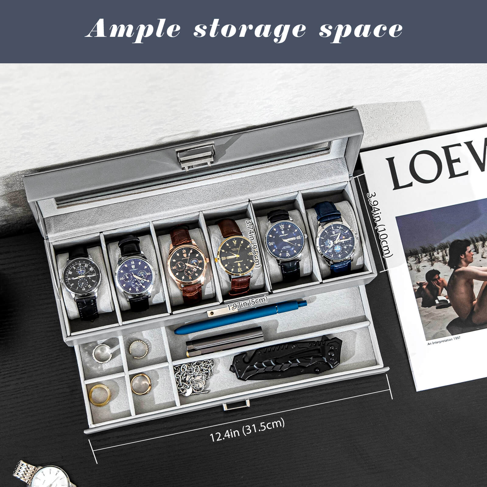 2-Layer Mens Jewelry Organizer Storage Holder, Grey