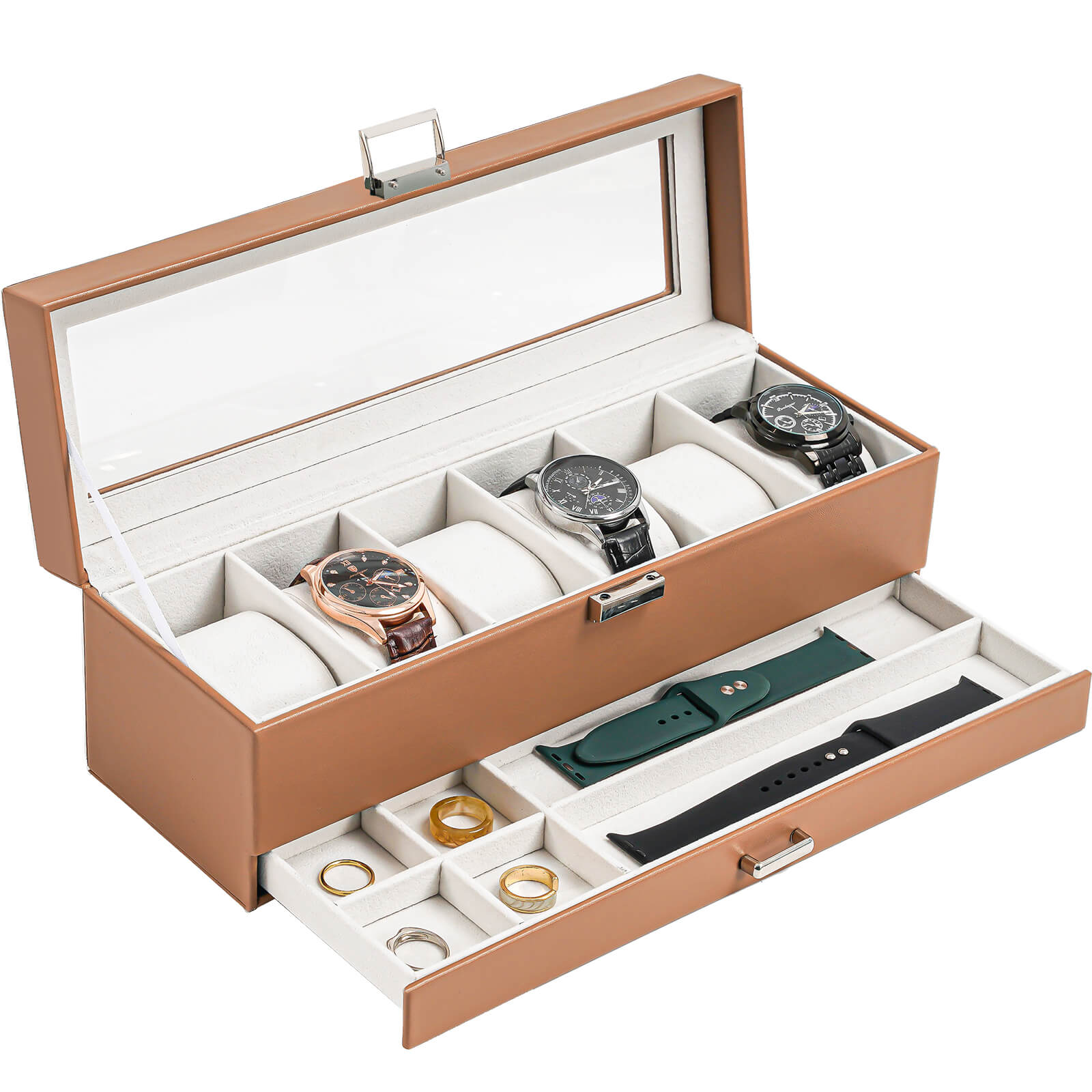 6 Slot Watches Display Case with Drawer, Mens Watch Case with Glass Lid