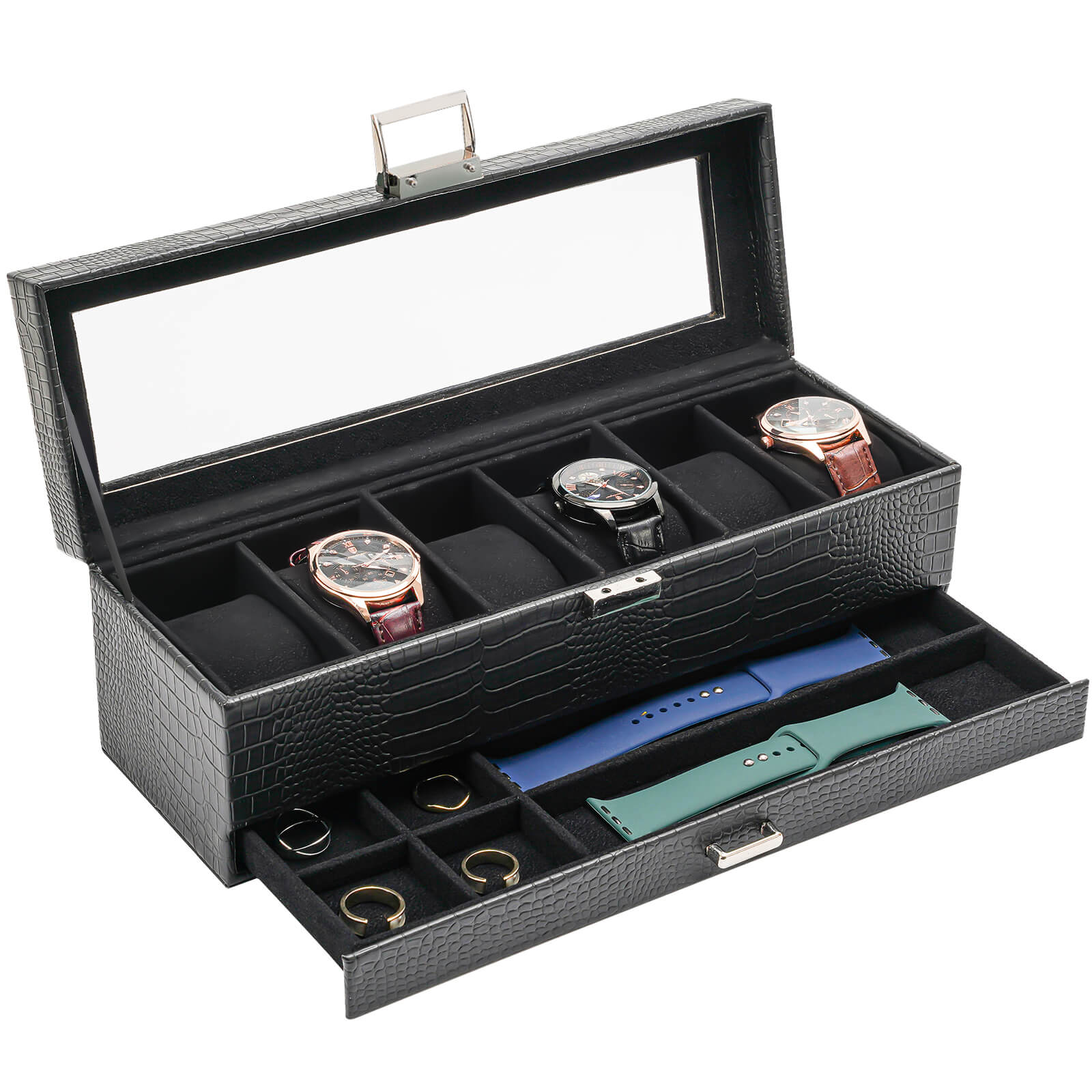 6 Slot Watches Display Case with Drawer, Mens Watch Case with Glass Lid