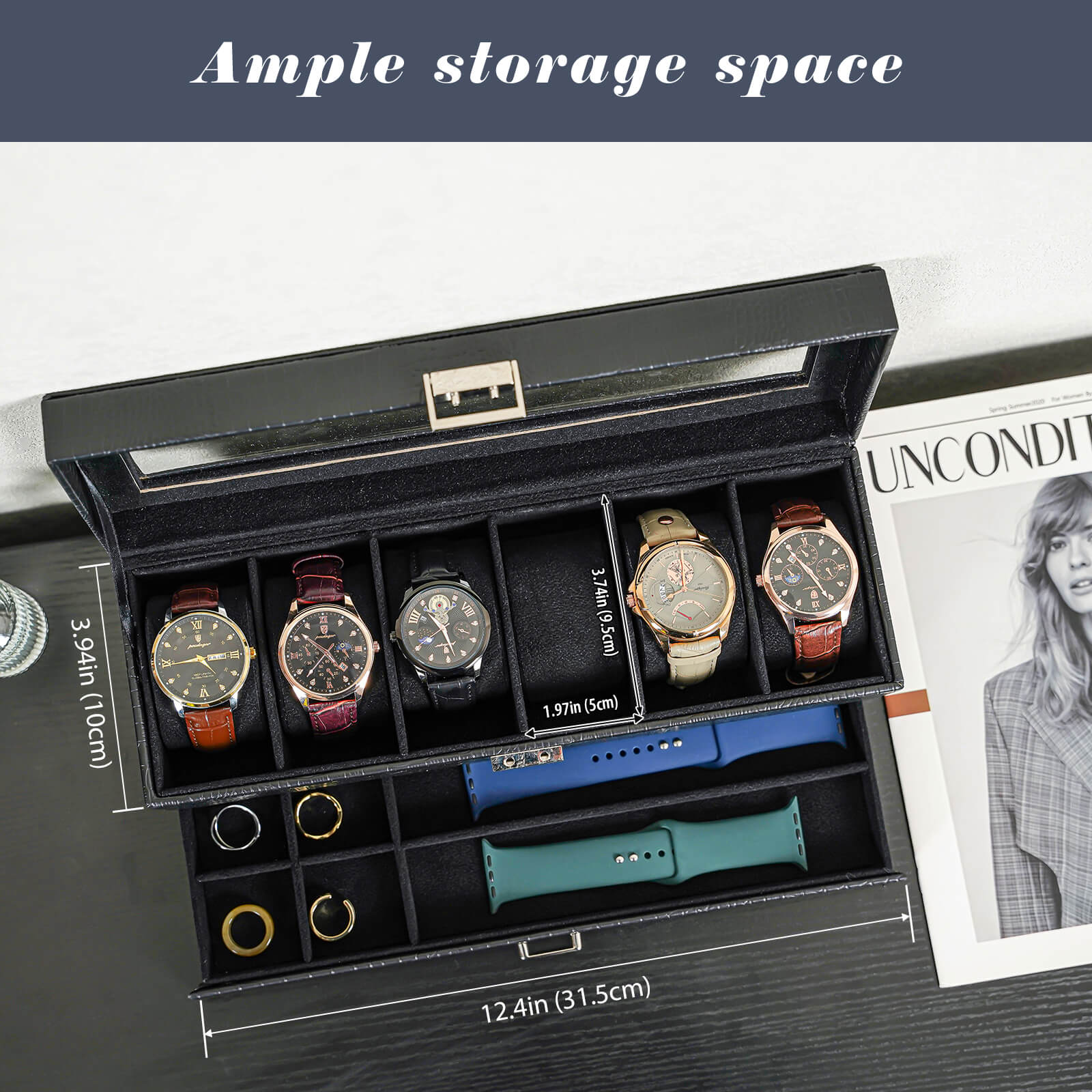 Black jewelry box with watches and accessories on a magazine background