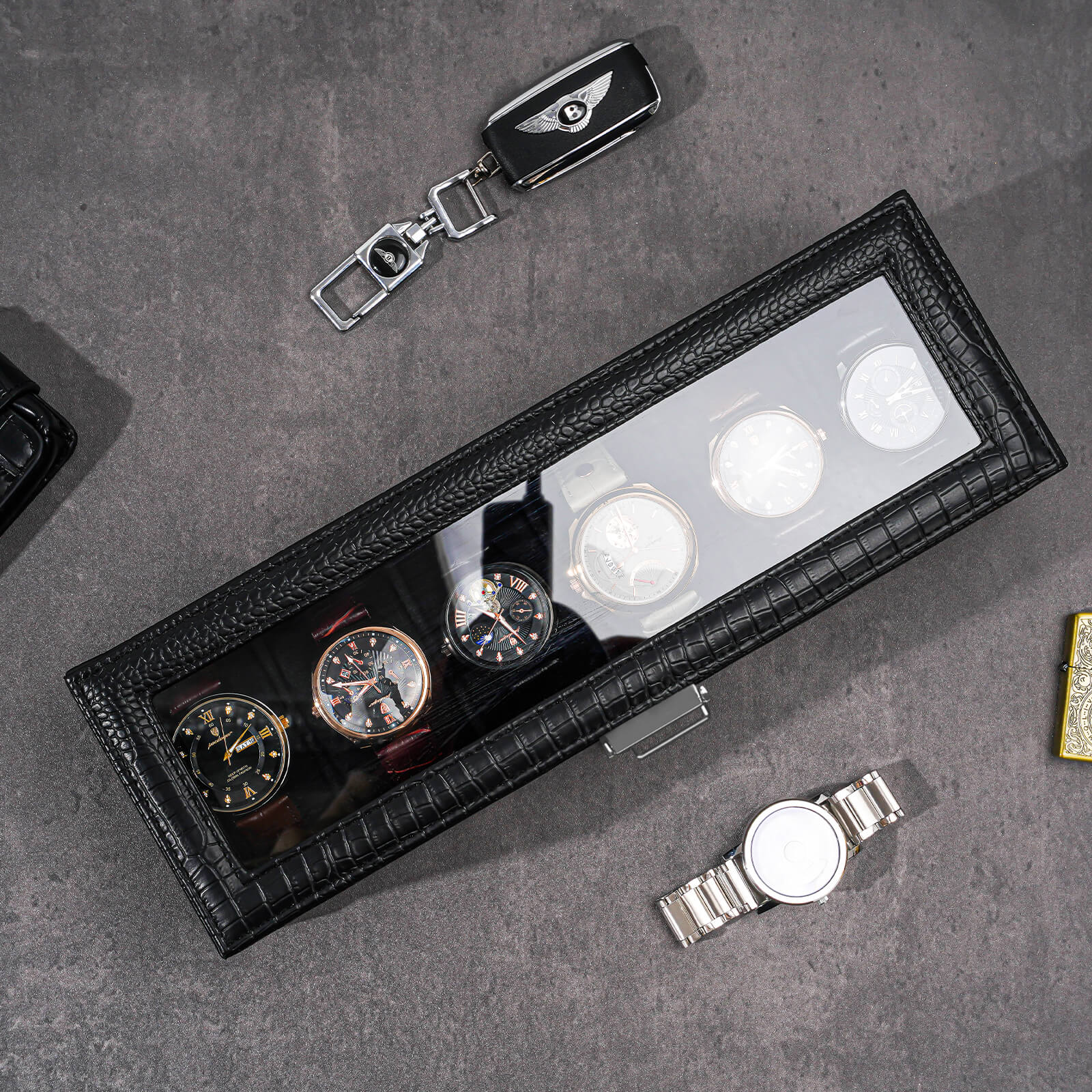 6 Slot Watches Display Case with Drawer, Mens Watch Case with Glass Lid, Black