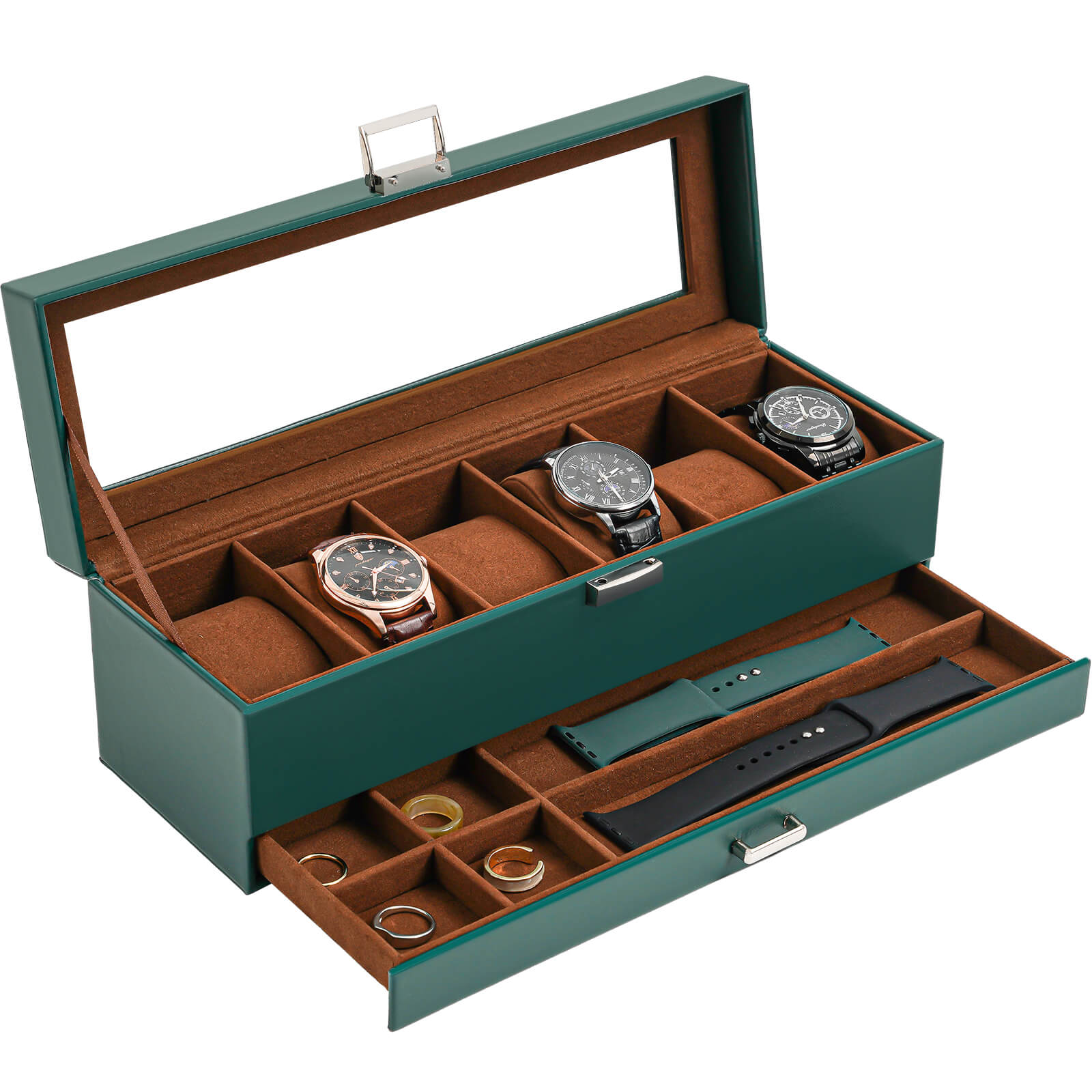 6 Slot Watches Display Case with Drawer, Mens Watch Case with Glass Lid Green