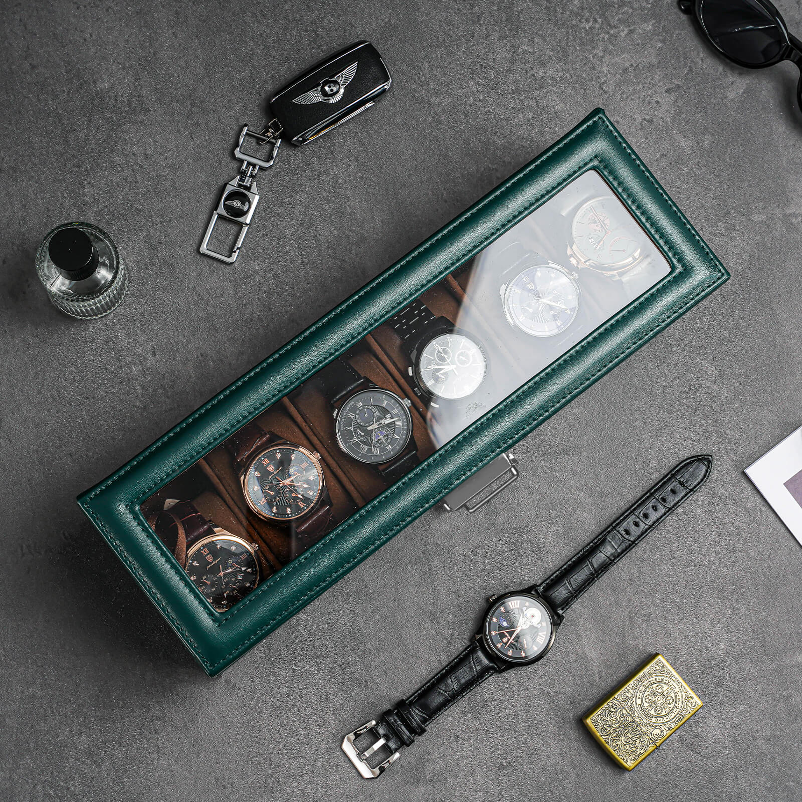 6 Slot Watches Display Case with Drawer, Mens Watch Case with Glass Lid,Green
