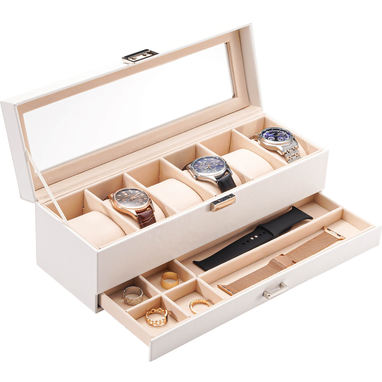6 Slot Watches Display Case with Drawer, Watch Case with Glass Lid White