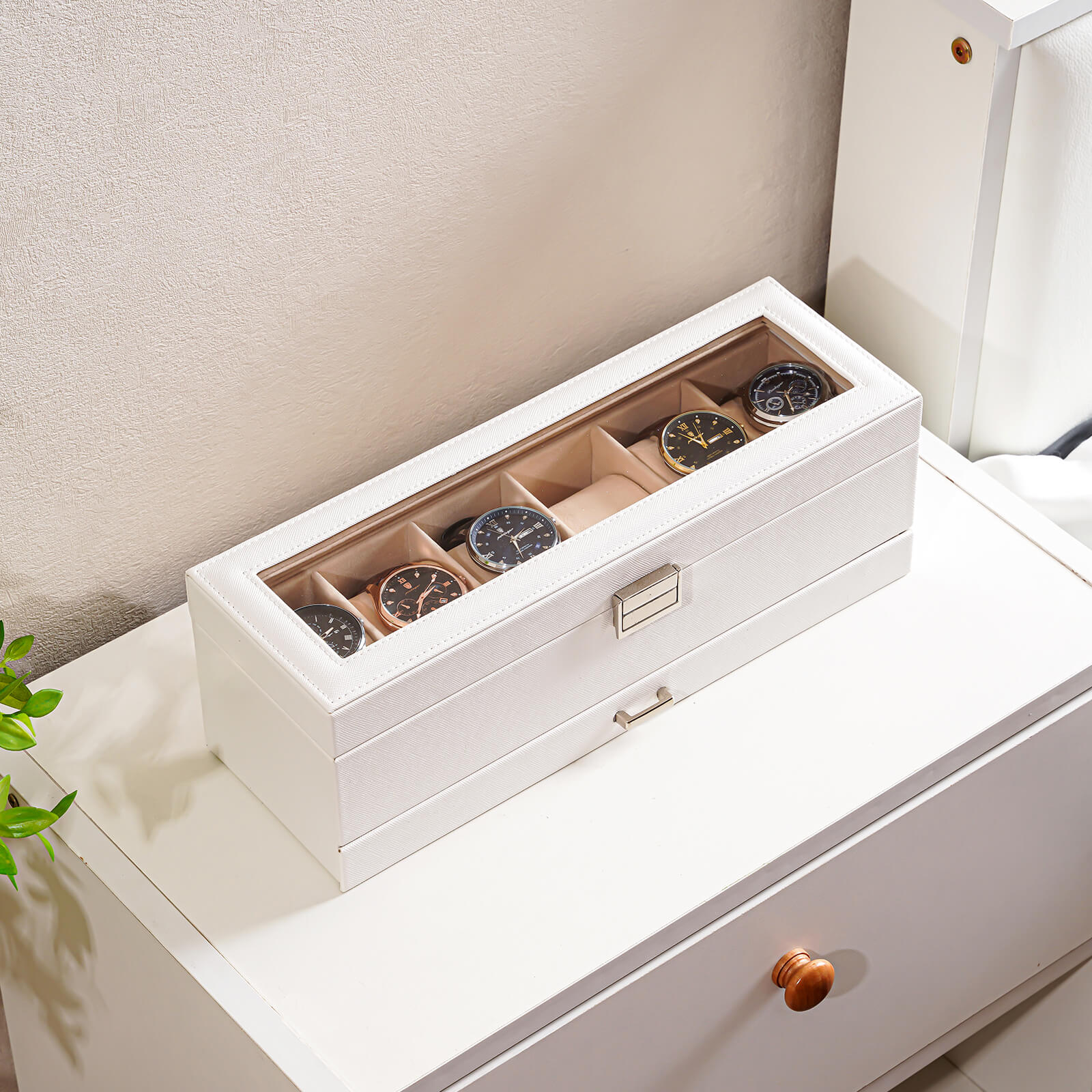 2-Layer White watch storage box with six compartments on a white surface.