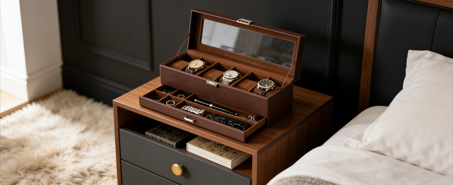 leather watch box on a nightstand next to a bed