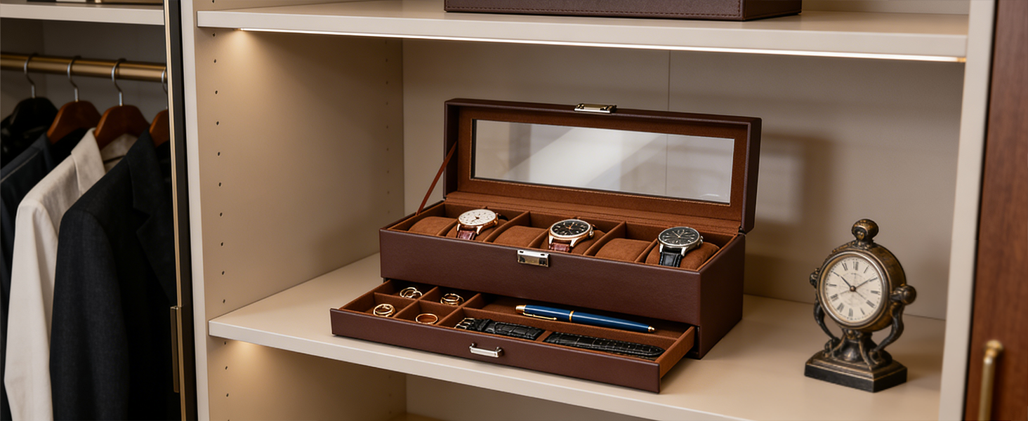 watch box on a shelf with watches inside, next to a clock and clothing.