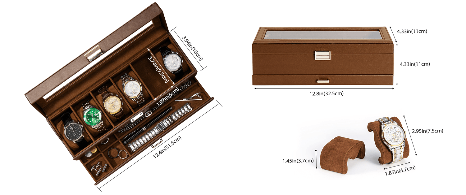Brown watch box with watches and dimensions displayed
