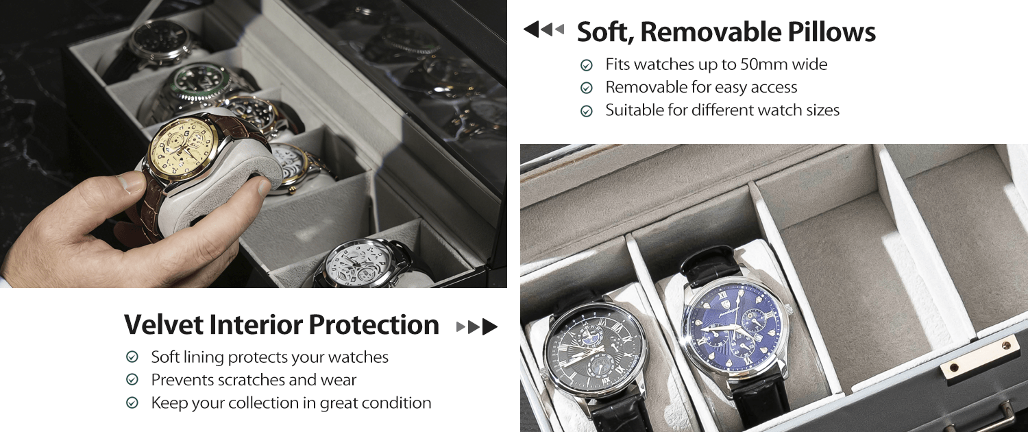 Watch storage box with velvet interior and soft, removable pillows for watch protection.