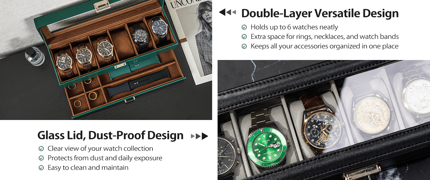 Watch case with multiple watches and jewelry, featuring a double-layer design.