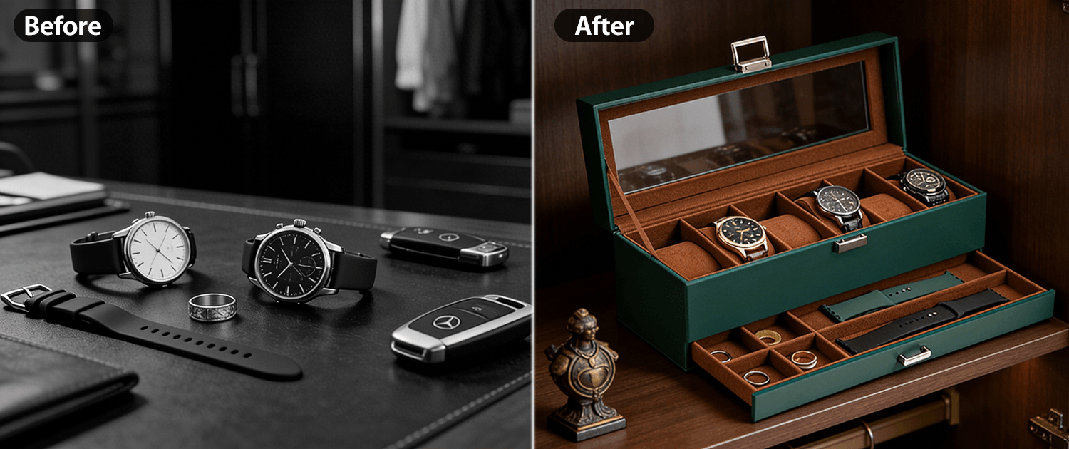 Before and after comparison of watches on a table and in a green watch box.