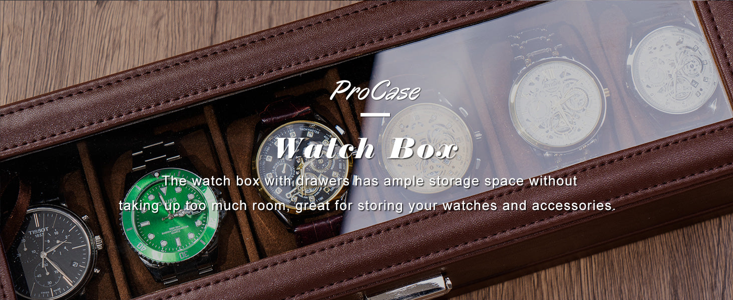 Wooden watch box with watches on a wooden surface next to a plant and books.