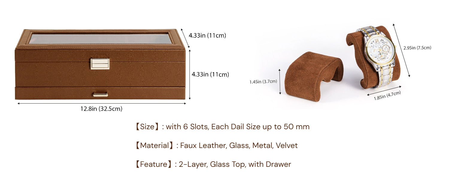Wooden watch box with dimensions and features displayed