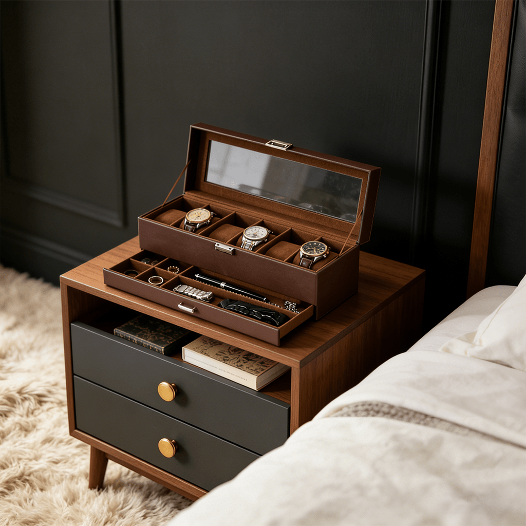 PU leather watch box with watches on a nightstand against a dark wall.