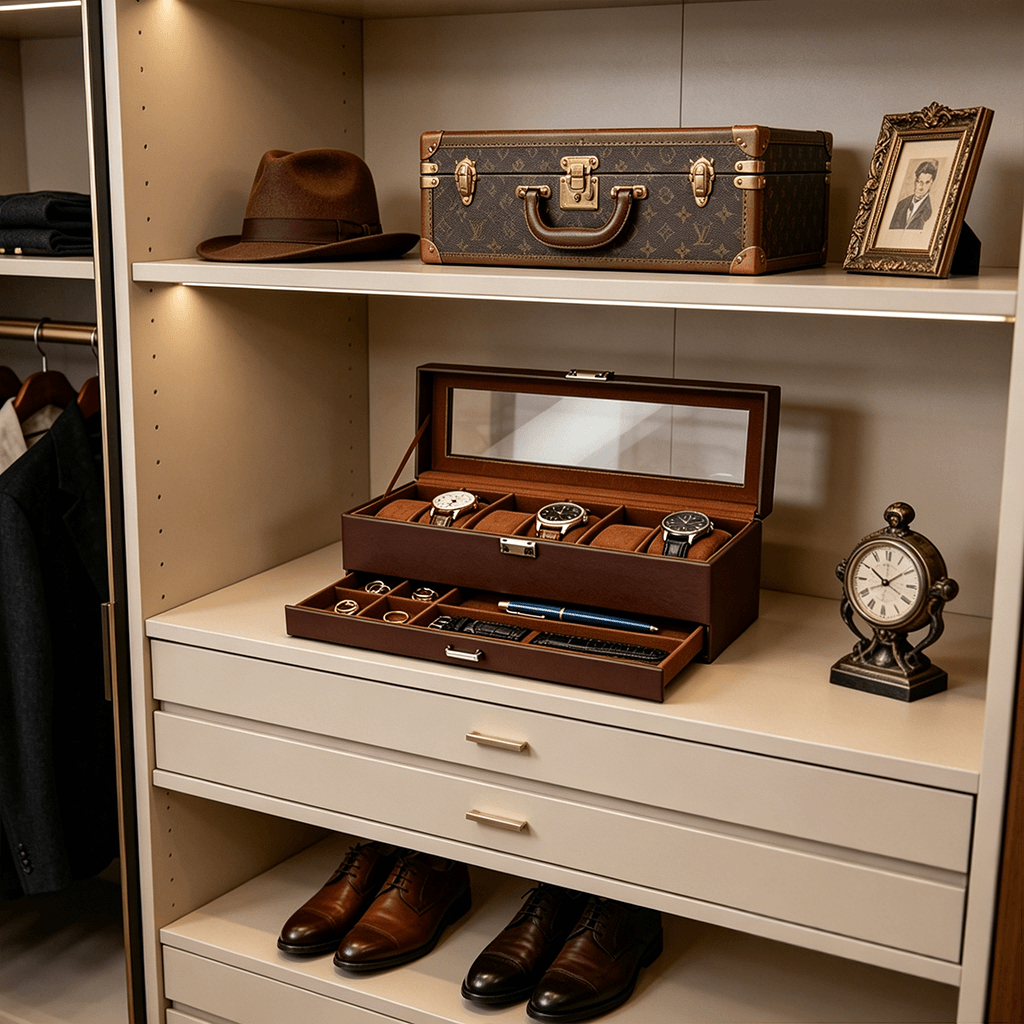 Shelving unit with a hat, suitcase, watch collection, and clock.
