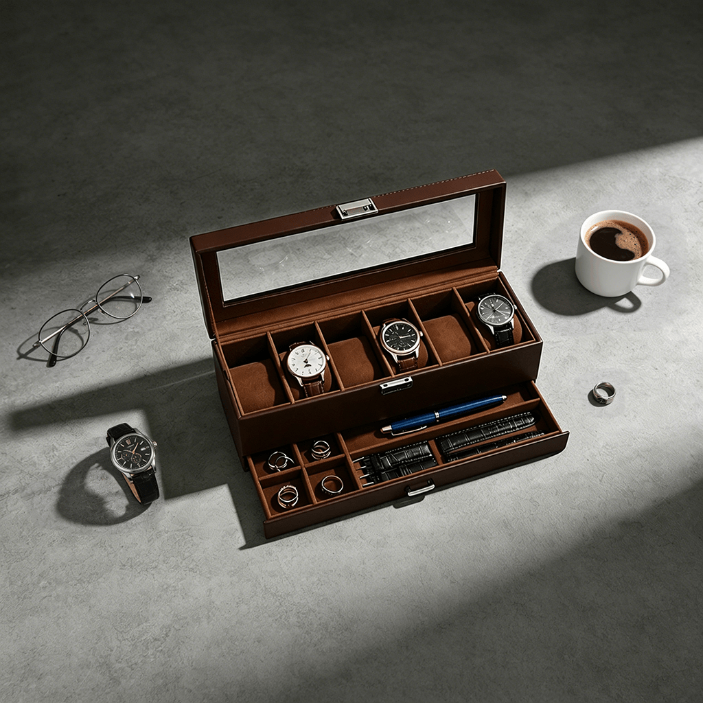 A watch box with watches, glasses, and a cup of coffee on a gray surface