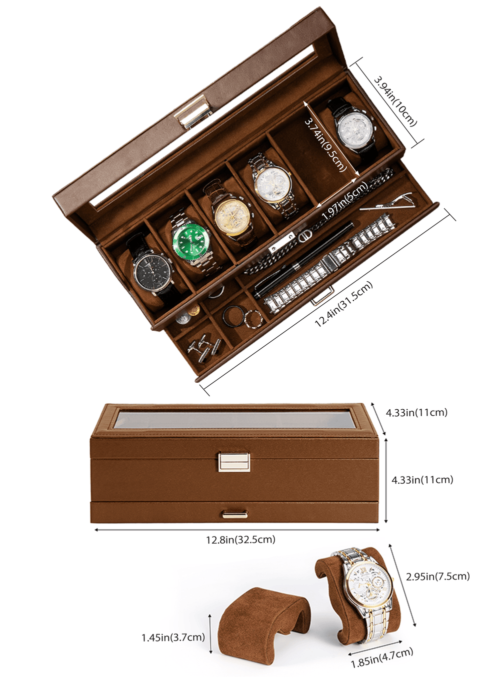 Brown watch box with watches and dimensions on a white background
