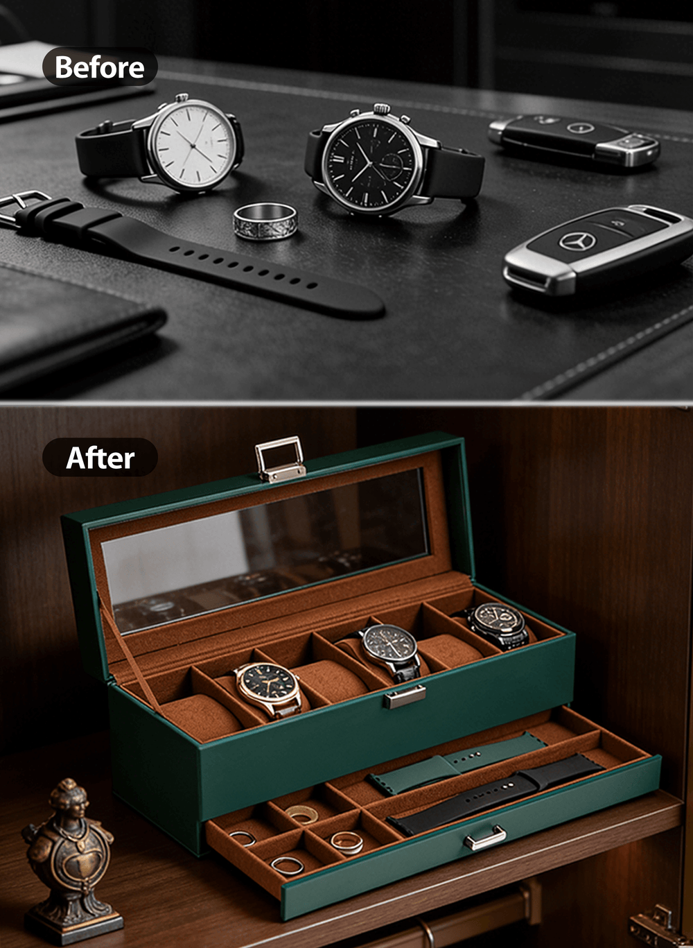 Before and after comparison of watches and accessories with a green watch box.