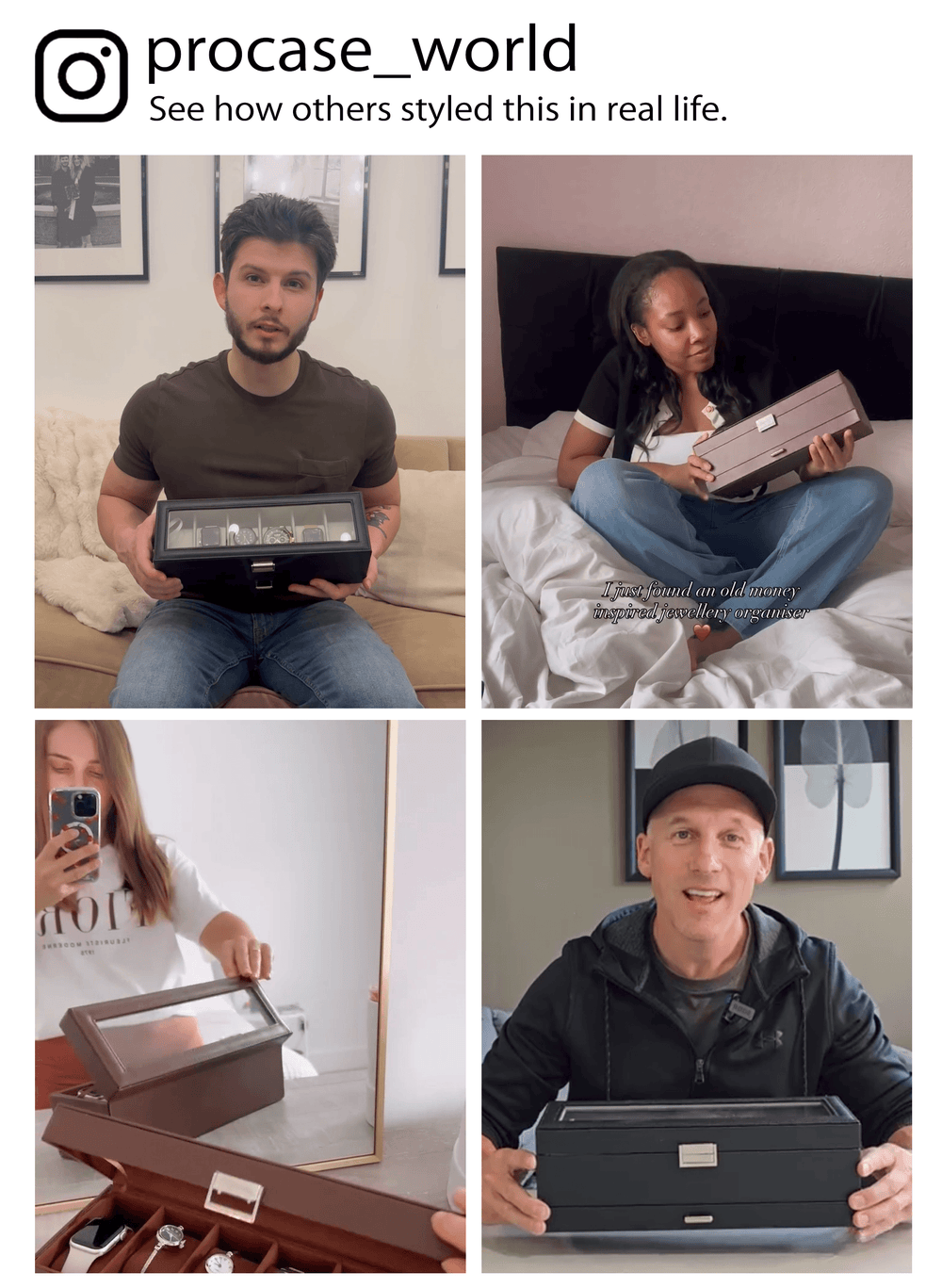 Collage of people holding and using a product, with text 'procase_world' and 'See how others styled this in real life.'